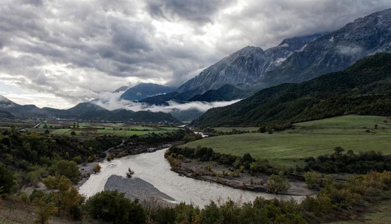 The free-flowing Aoos–Vjosa river crossing its broad natural valley