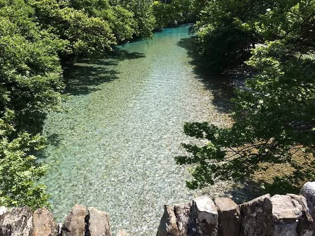 Clear mountain river flowing through a forested landscape in Epirus