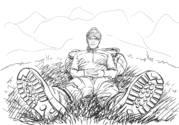 Illustration of a traveller resting slowly in a mountain meadow
